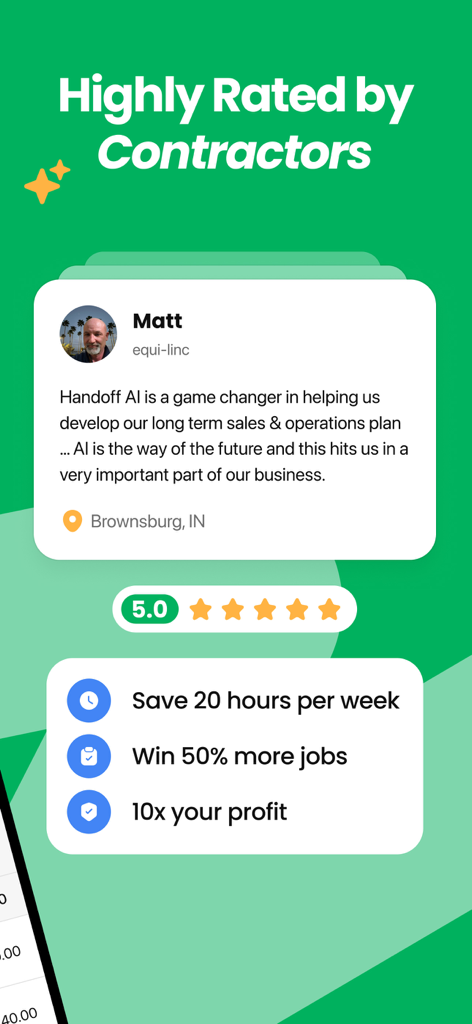 Handoff Construction Estimator - A 5-star testimonial from a contractor using the Handoff Construction Estimator app showing benefits like saving time and winning more jobs.