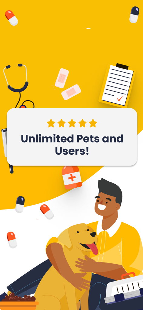 Pet Care Tracker Dog Cat Log - A happy pet owner hugging a dog with text highlighting unlimited pets and users features
