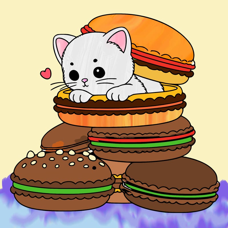 a kitten popping out of a stack of pastel macarons