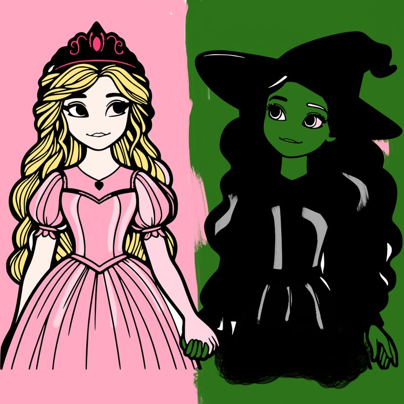 a princess and a witch holding hands realistic