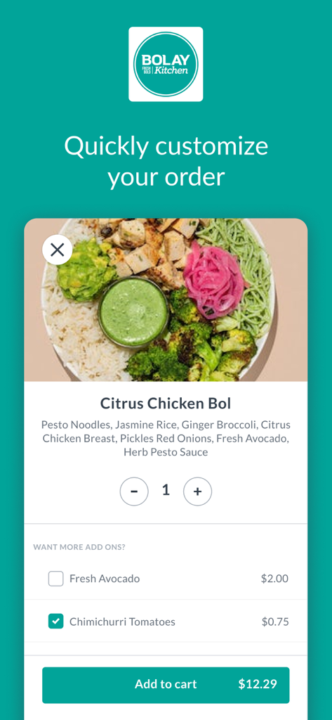 Bolay Fresh Bold Kitchen - Pantalla de la app Bolay mostrando la personalización de un Bol de Pollo Cítrico con varios ingredientes frescos y complementos