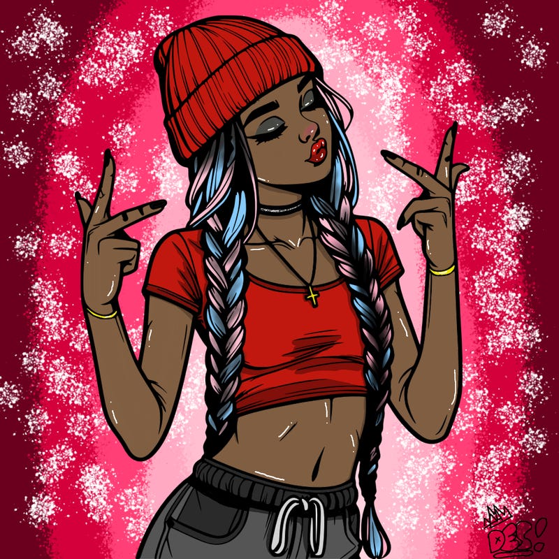 realistic teenage girl with braids and a beanie and crop top doing 🫶🏼