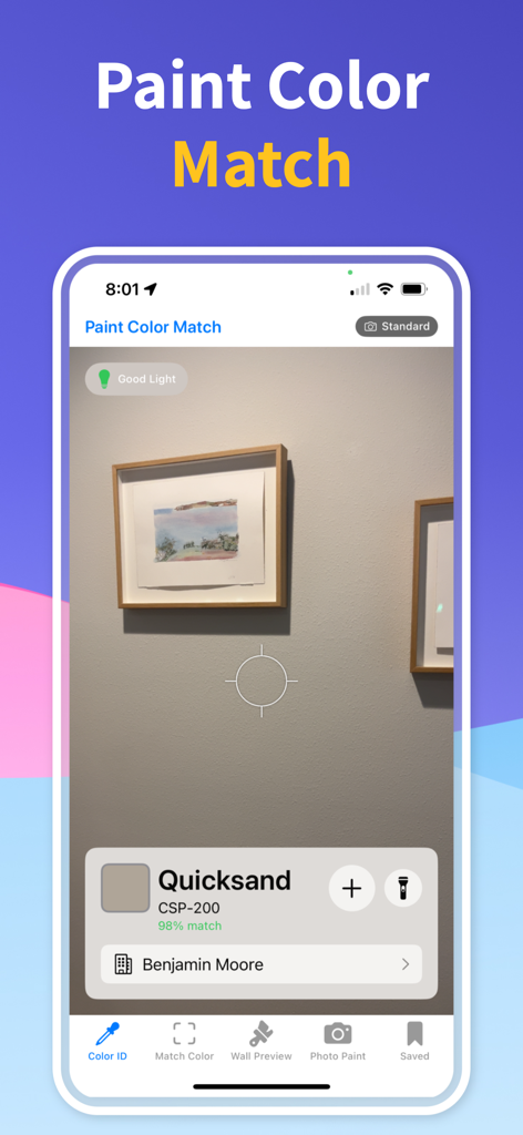 A smartphone screen showing the Paint Color Match app identifying a wall color as Benjamin Moore Quicksand with 98 percent accuracy.