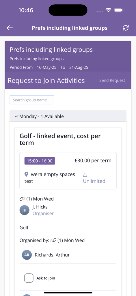 SchoolsBuddy 2.0 - Interfaz de la aplicación SchoolsBuddy 2.0 para solicitar unirse a actividades escolares como el golf