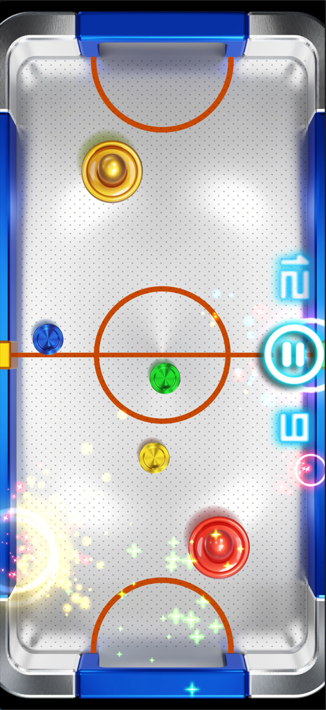 Vista superior de la jugabilidad de air hockey de Glow Hockey 2 con varios discos coloridos y paletas en una mesa blanca clásica