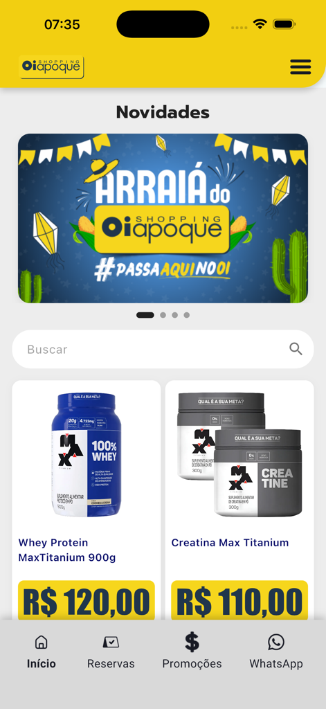 Shopping Oiapoque - La pantalla de inicio de la aplicación Shopping Oiapoque presenta un banner de noticias para Arraia y listados de productos de suplementos para la salud con precios.