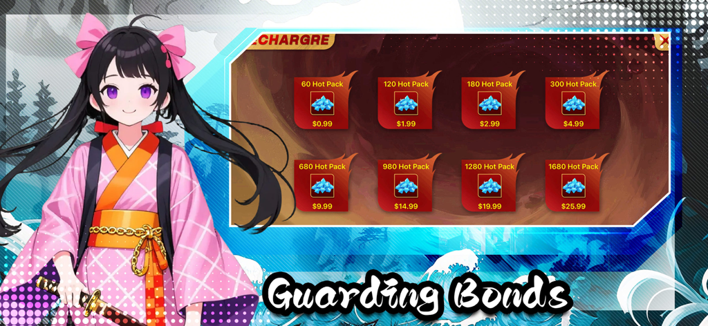 In-game store screen showing various recharge currency packs and an anime character in Swordsman Redemption