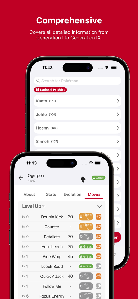 Pocket Gallery App - Pocket Galleryアプリが全国図鑑リストと詳細なポケモンの技を表示している様子