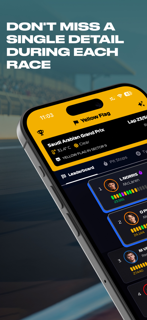 Formula Live Pulse - A smartphone displaying the Formula Live Pulse app with a live F1 race leaderboard and yellow flag notification.