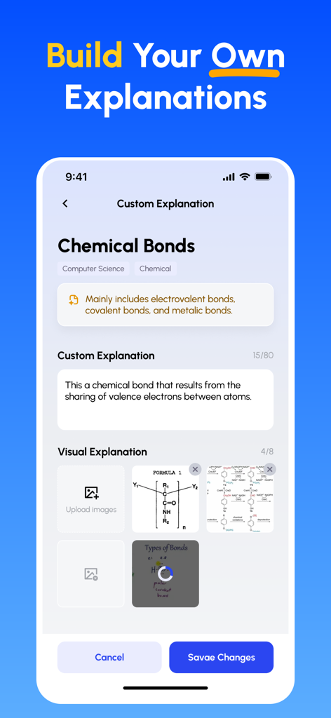 Una interfaz móvil para la aplicación Feynman AI donde un estudiante está construyendo una explicación personalizada de los enlaces químicos utilizando texto y diagramas visuales