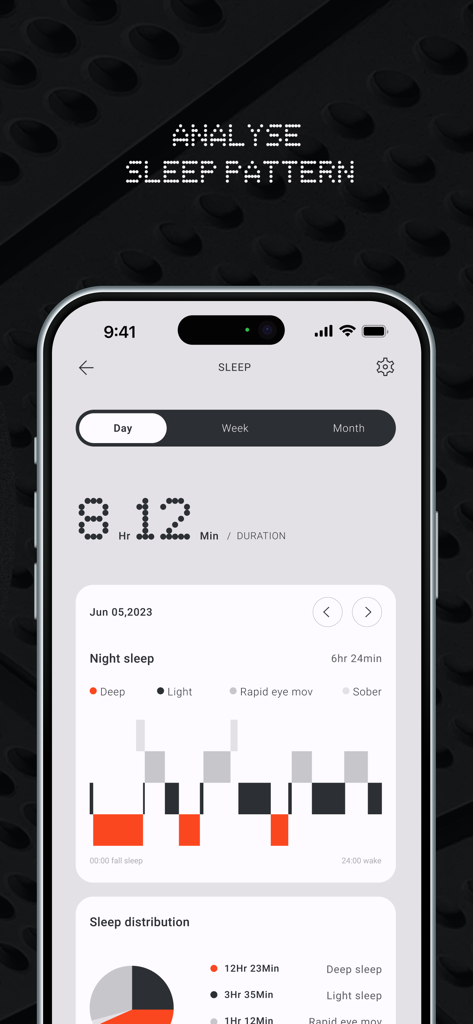 CMF Watch app sleep analysis screen showing sleep duration and pattern graphs with a minimalist design