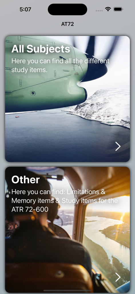 Main menu screen of the AT72 pilot training application showing study categories for aircraft limitations and memory items