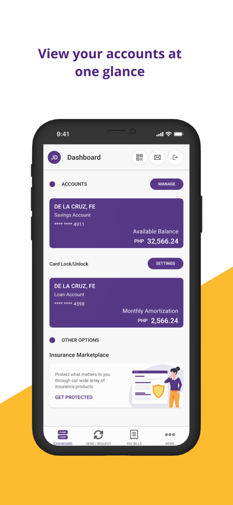 CitySavings Mobile app dashboard displaying real-time savings and loan account balances