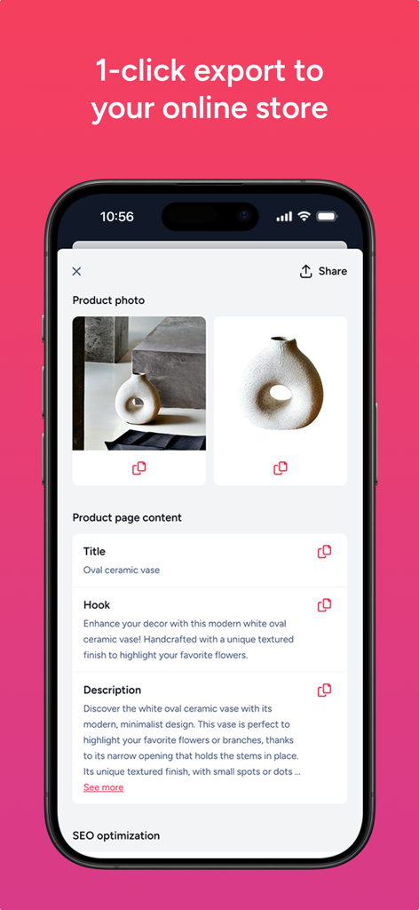 Pizi - A mobile app interface showing a generated product page for a ceramic vase with an option to export to an online store.