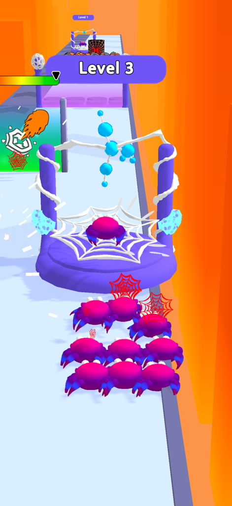 Spider Evolve n Shoot - A group of purple spiders crawling along a track in Spider Evolve n Shoot level three.