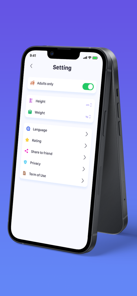 BMI Calculator - HealthTracker - Settings interface of the BMI Calculator app featuring unit selection and privacy options