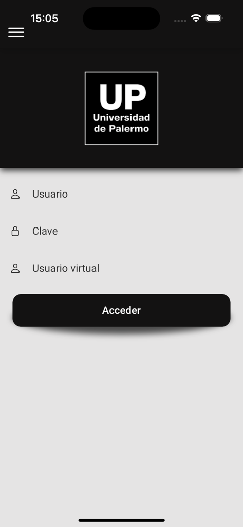 Tela de login para o aplicativo MyUP com o logotipo da Universidad de Palermo e campos para nome de usuário e senha