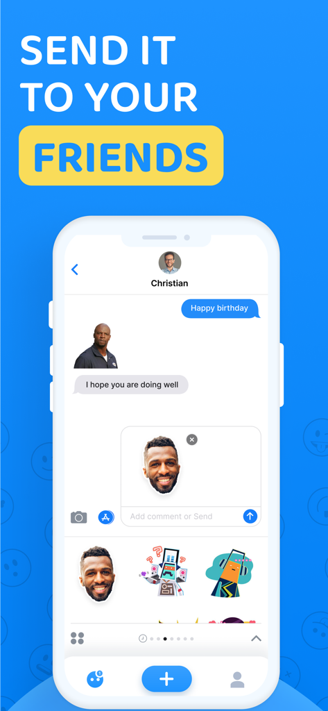 Sticky - Make Custom Stickers - Mobile app screen showing custom face stickers being shared in a chat conversation.
