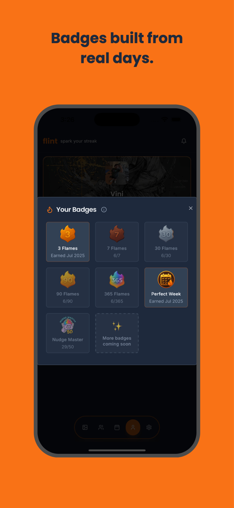 flint: Social Habit Tracker - Interfaz de la aplicación flint que muestra varias insignias de logros para rachas de hábitos y notificaciones sociales.