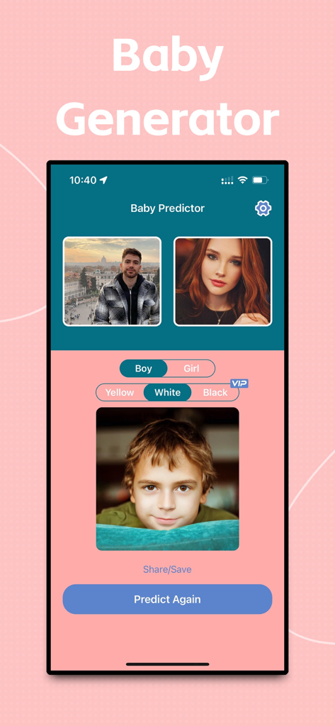 Baby Predictor - Merge faces - Baby Predictor app interface showing a predicted baby boy based on parent photos