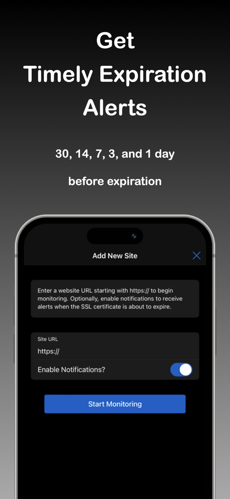 Interface do aplicativo SSL Time para adicionar um URL de site e configurar alertas de expiração de certificado