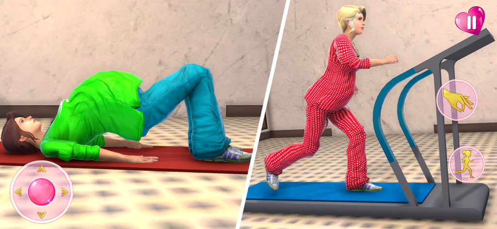 Pregnant Mom job Simulator 3D - Pantalla dividida del juego mostrando un personaje embarazada en 3D haciendo yoga en una colchoneta y caminando en una cinta de correr