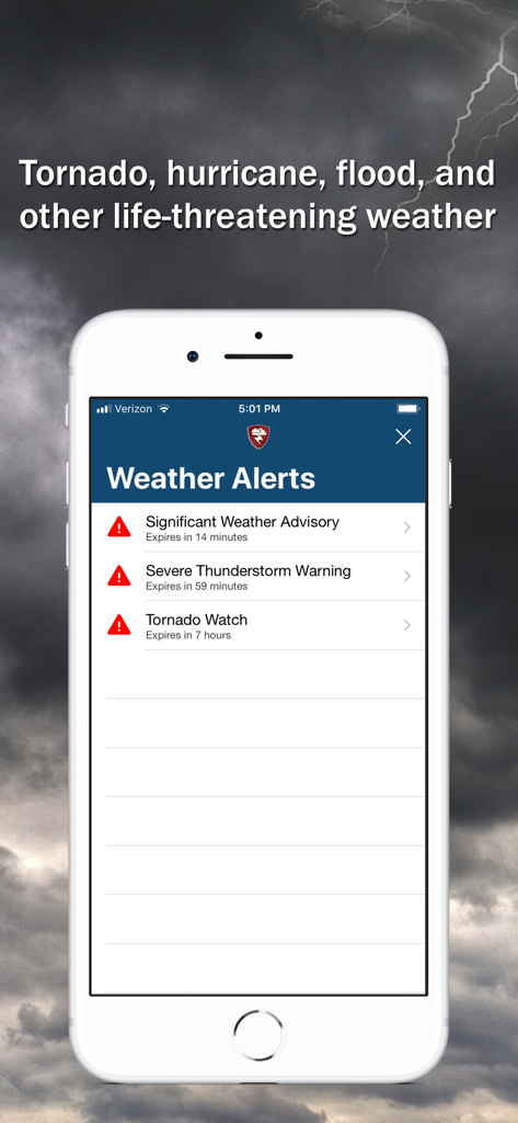 Storm Shield app displaying severe weather alerts on an iPhone screen