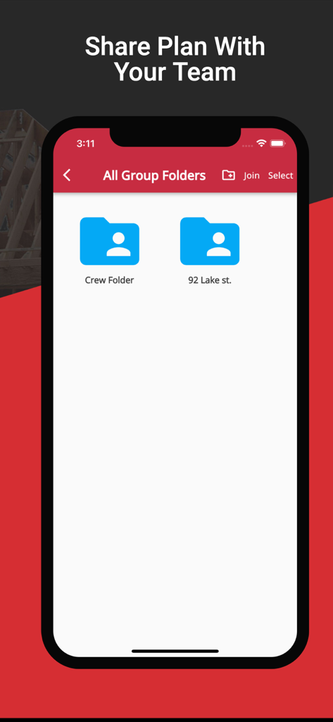 Interfaccia dell'app RedX Walls che visualizza cartelle di gruppo per condividere piani di costruzione con un team di costruzione