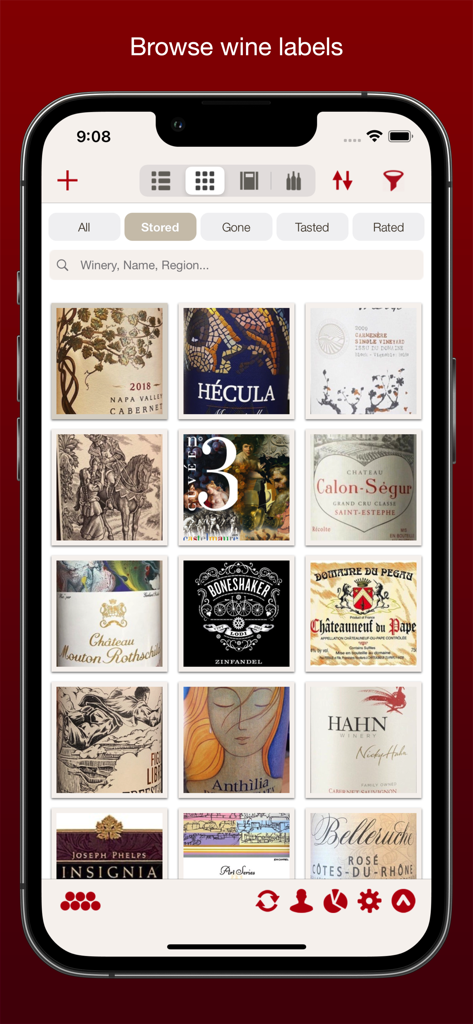 Grid view of wine labels in the VinoCell wine cellar manager app