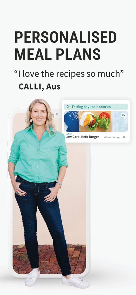 Personalised meal plans and keto burger recipe in The Fast 800 app