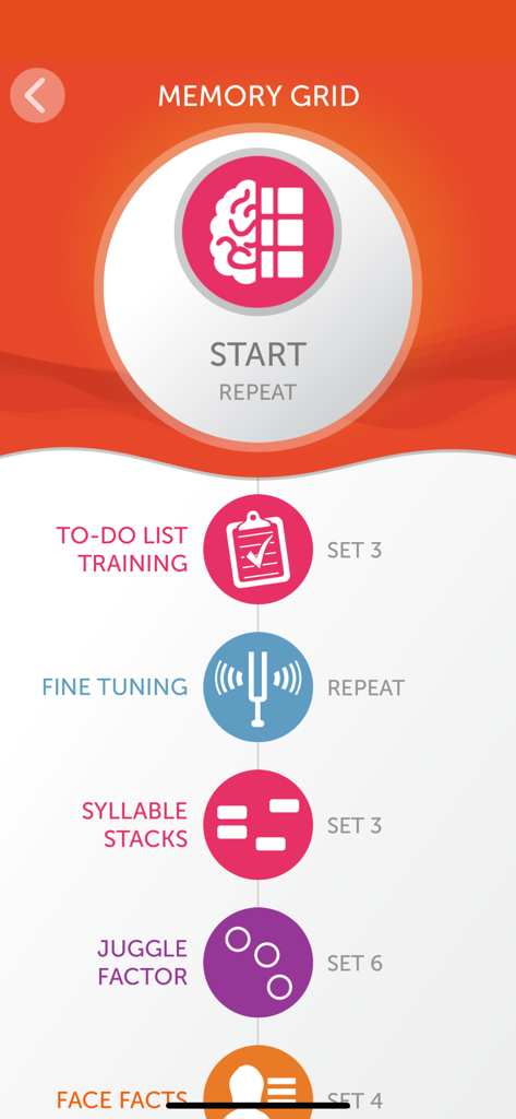 BrainHQ app interface showing a list of brain training exercises including Memory Grid and To-Do List Training