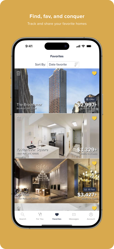 HotPads app showing a list of saved favorite apartment rentals in New York City