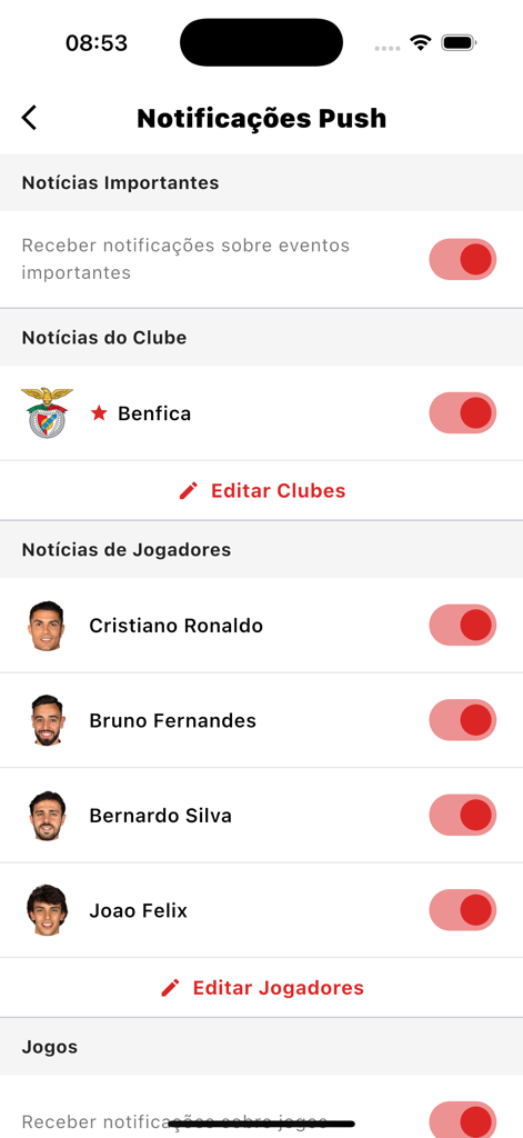 A BOLA - Impostazioni delle notifiche push nell'app A BOLA per monitorare club specifici come il Benfica e giocatori come Cristiano Ronaldo.
