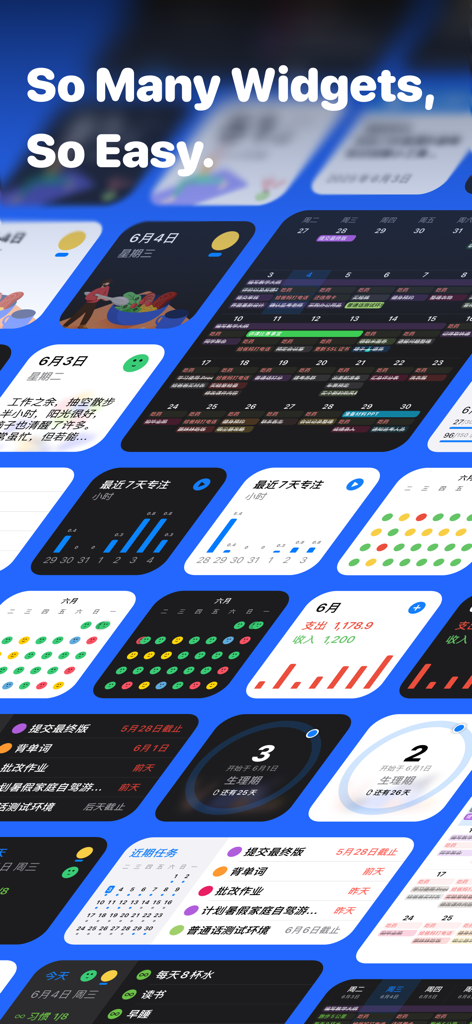 Mindkit-keep things organized - Un collage que muestra varios widgets de escritorio de Mindkit para rastrear tareas, hábitos, estado de ánimo y salud en una pantalla móvil