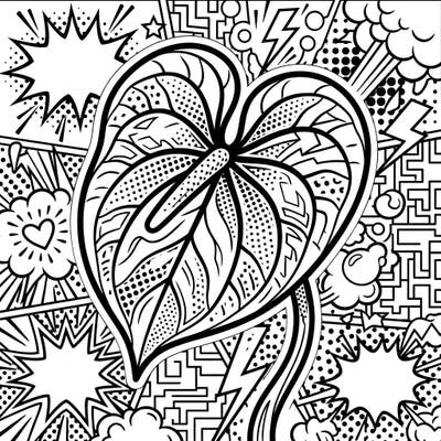 Experience the vibrant energy of Pop Art combined with the elegant beauty of an Anthurium leaf in this unique coloring page. Its bold outlines and dynamic comic-book inspired patterns promise an exciting and creative coloring adventure.