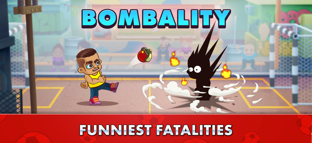 Street Soccer: Ultimate Fight - Un jugador de fútbol caricaturesco le lanza una bomba a un oponente para realizar una fatality Bombality en un partido de fútbol callejero.