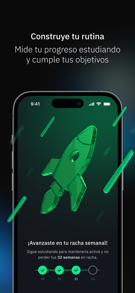 Platzi mobile app screen showing a 32-week study streak and progress tracker with a green rocket icon