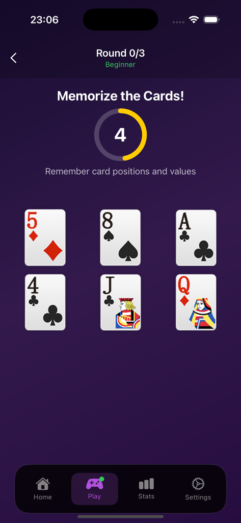 CardgridSolis - The CardgridSolis app interface during the memory phase showing six playing cards and a circular countdown timer on a dark background.