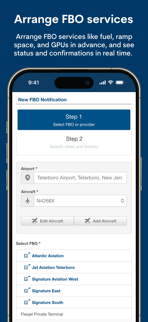 FlightBridge app interface showing the process for arranging FBO services like fuel and ramp space at Teterboro Airport