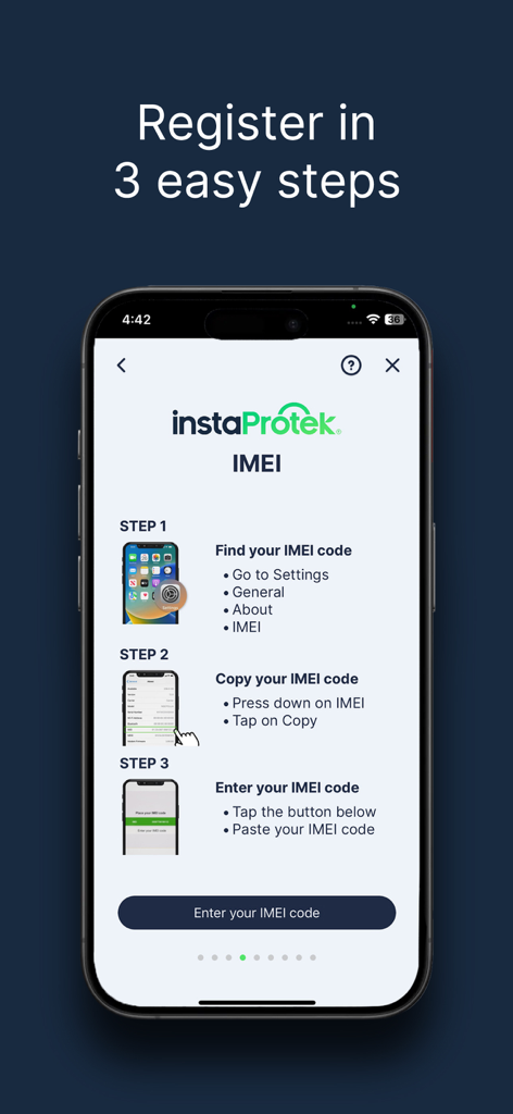 Screen showing three easy steps to register a device on the instaProtek app using the IMEI code