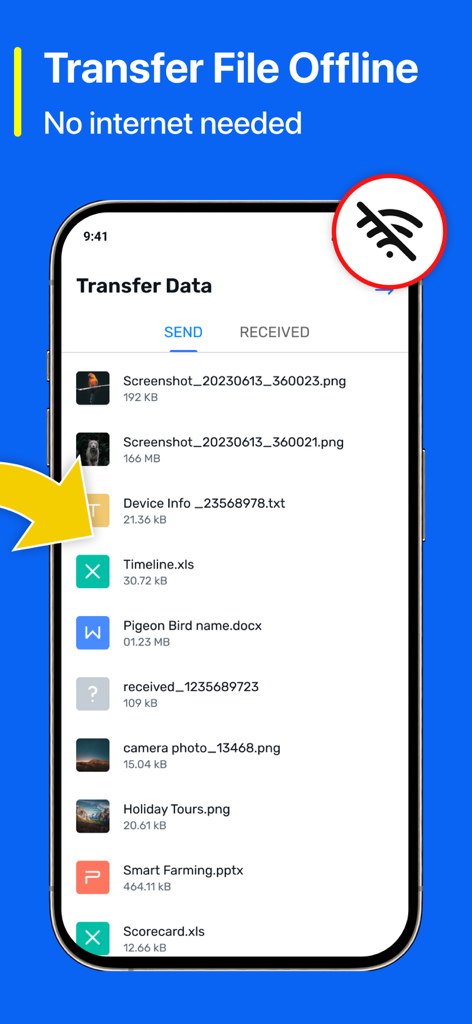 Uma interface de smartphone mostrando o recurso de transferência offline do aplicativo Quick Share com uma lista de documentos e imagens prontos para serem enviados sem internet.