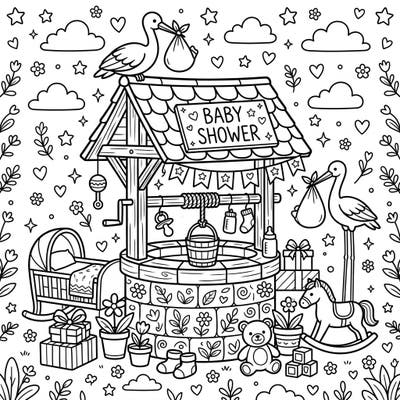 Celebrate the joy of a new arrival with this adorable baby shower wishing well coloring page. Featuring cute storks and charming nursery details, it's perfect for a sweet and memorable coloring experience.