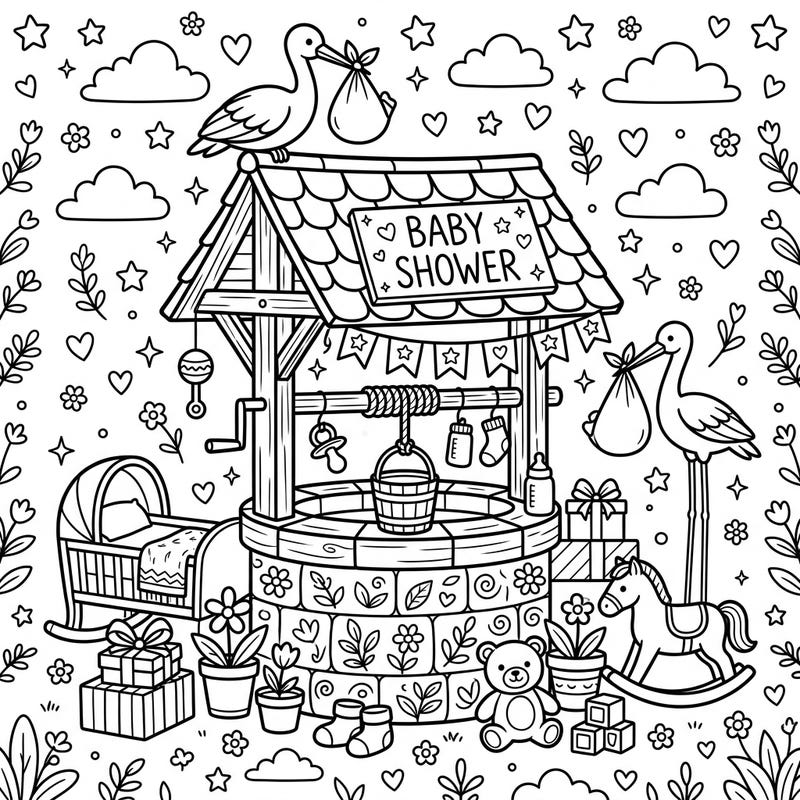 Celebrate the joy of a new arrival with this adorable baby shower wishing well coloring page. Featuring cute storks and charming nursery details, it's perfect for a sweet and memorable coloring experience.