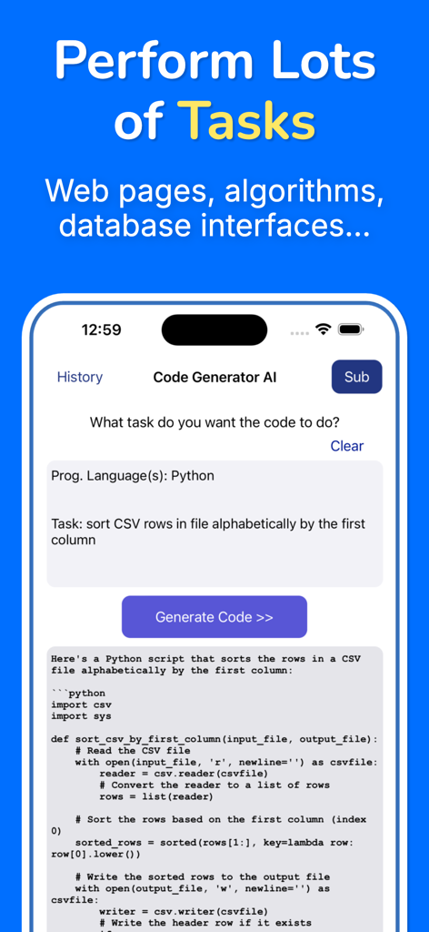 Interface móvel do Developer AI mostrando a geração de código Python para classificar linhas de CSV