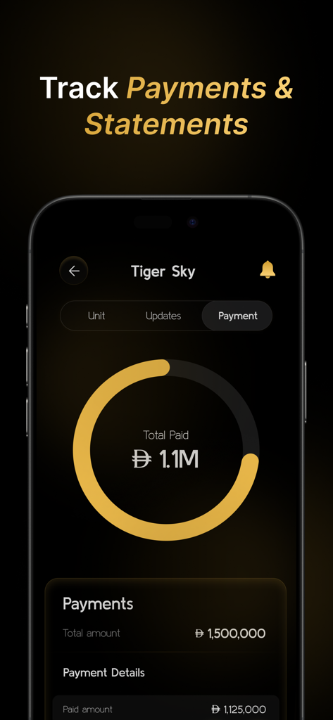 Tiger Plus mobile app screen showing property payment tracking with a circular progress chart and financial details