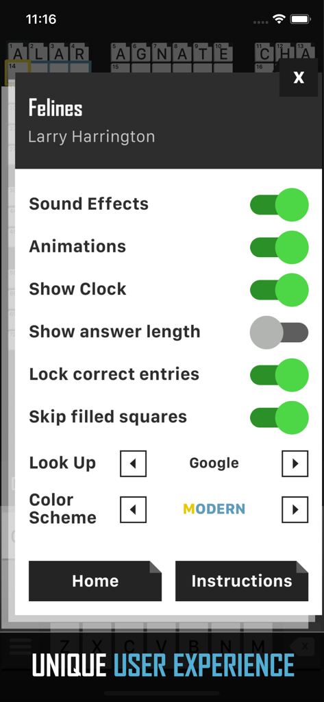 Settings menu in the Crossword Puzzle Redstone app showing customizable gameplay options like sound effects, clock display, and color schemes.