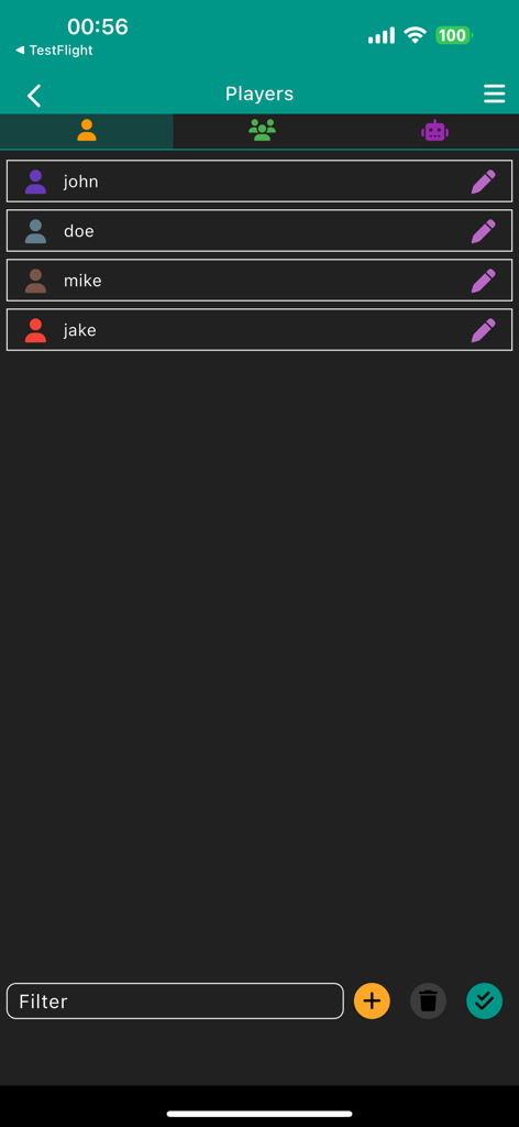 Darts Scoreboard App - La schermata di gestione giocatori dell'App Segnapunti Freccette che mostra un elenco di nomi e controlli di modifica