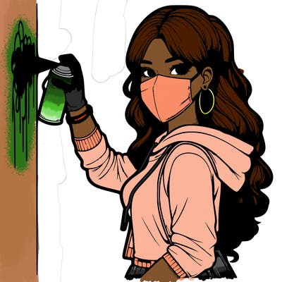 realistic girl with mask spray painting a wall
