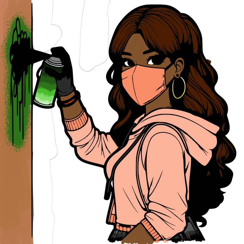 realistic girl with mask spray painting a wall