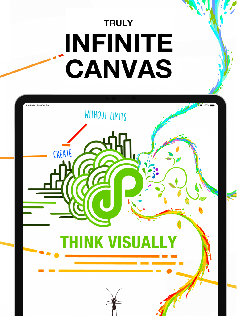 Endless Paper - Endless Paper app displaying a colorful digital drawing on an infinite canvas with the text Think Visually